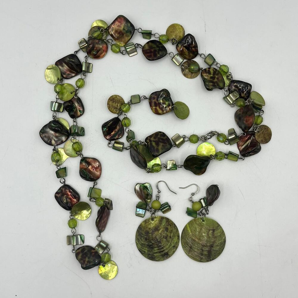 Green Abalone Shell Necklace and Earrings NO CLASP 42" MOP Handmade Boho Unique